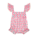 Introducing the Mer Baby Girls' Chloe Romper, a sleeveless one-piece featuring a pink and blue floral pattern, square neckline, ruffled shoulder straps, and elastic leg openings. This delightful romper keeps your little one comfortable and stylish all day long.