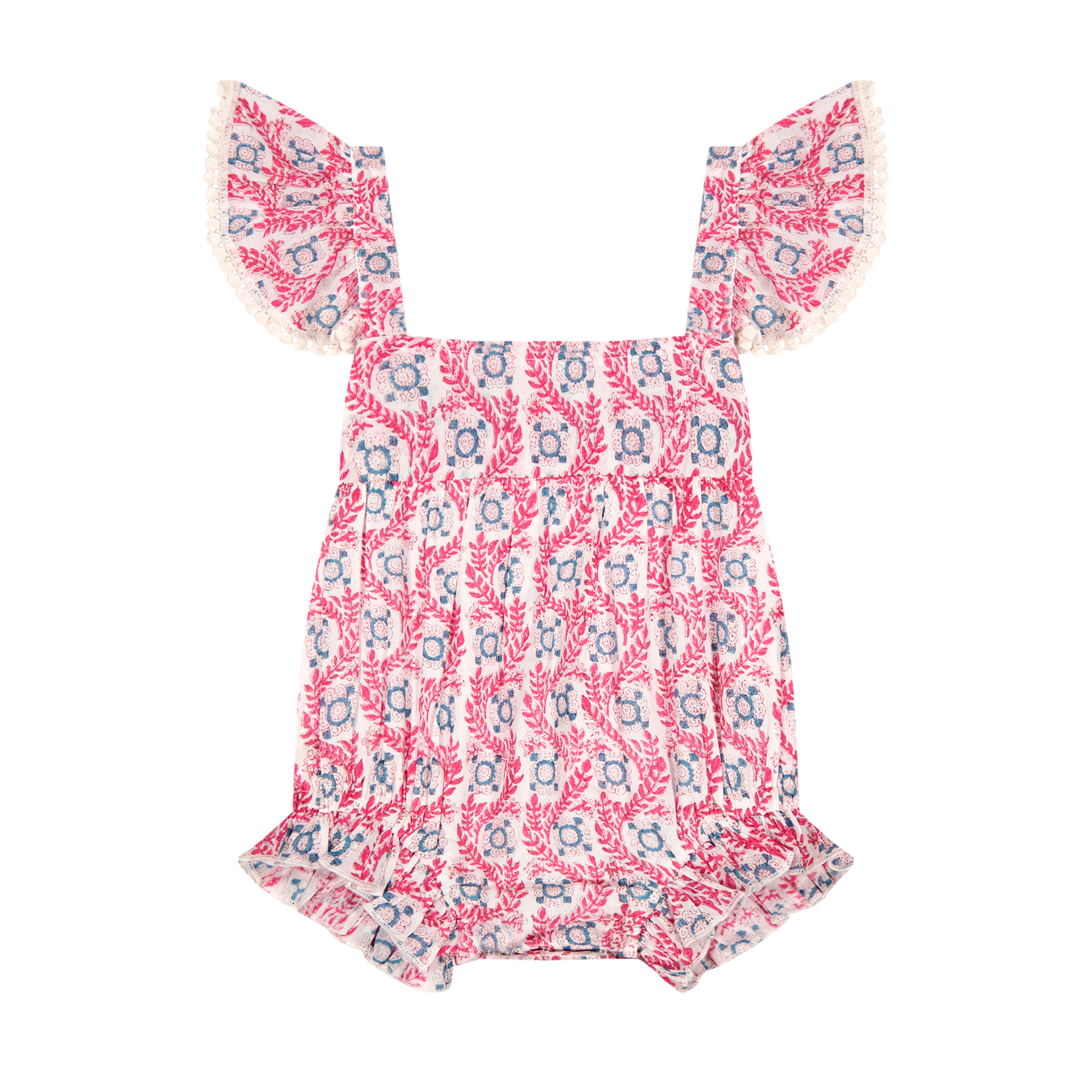 Introducing the Mer Baby Girls' Chloe Romper, a sleeveless one-piece featuring a pink and blue floral pattern, square neckline, ruffled shoulder straps, and elastic leg openings. This delightful romper keeps your little one comfortable and stylish all day long.