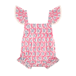 Introducing the Mer Baby Girls' Chloe Romper, a sleeveless one-piece featuring a pink and blue floral pattern, square neckline, ruffled shoulder straps, and elastic leg openings. This delightful romper keeps your little one comfortable and stylish all day long.