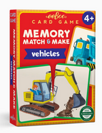 Eeboo’s Memory Match & Make Card Game comes in a red box and is designed for ages 4+. Featuring illustrated cards with construction vehicles on the front, this fun family game helps kids boost their memory skills as they play matching games together.