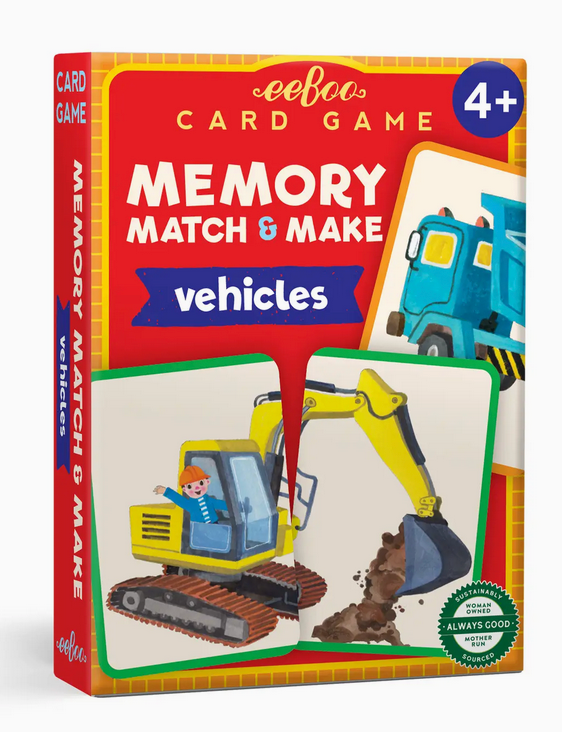 Eeboo’s Memory Match & Make Card Game comes in a red box and is designed for ages 4+. Featuring illustrated cards with construction vehicles on the front, this fun family game helps kids boost their memory skills as they play matching games together.