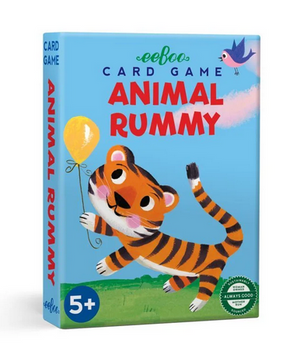 The Eeboo Animal Rummy Playing Cards feature a charming vintage design with a cover illustration of a cartoon tiger holding a balloon. Ideal for children ages 5 and up, this delightful game from Eeboo promises fun-filled family moments.