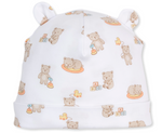 Beary Blessed Printed Hat by Kissy Kissy—crafted from ultra-soft Pima cotton, this white baby hat features playful bears print, rubber duck, and ABC block designs and is finished with two small fabric ears on top.