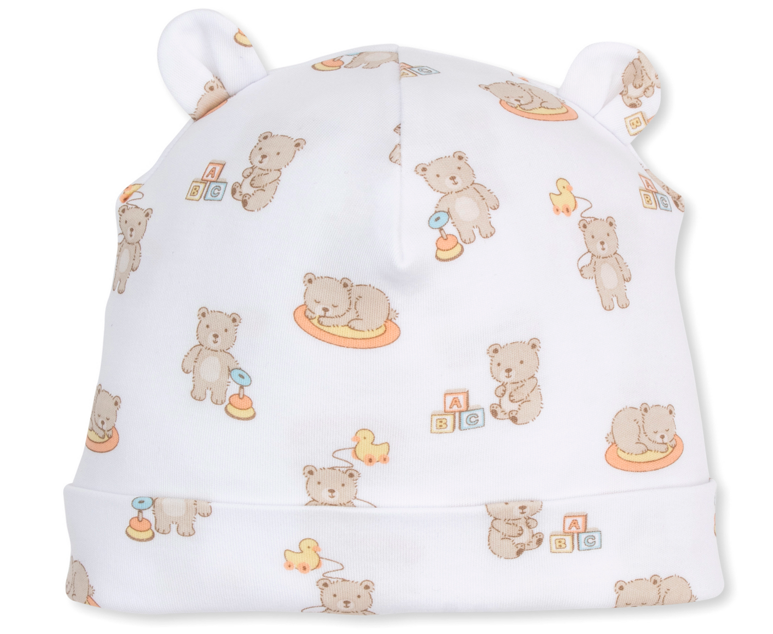 Beary Blessed Printed Hat by Kissy Kissy—crafted from ultra-soft Pima cotton, this white baby hat features playful bears print, rubber duck, and ABC block designs and is finished with two small fabric ears on top.