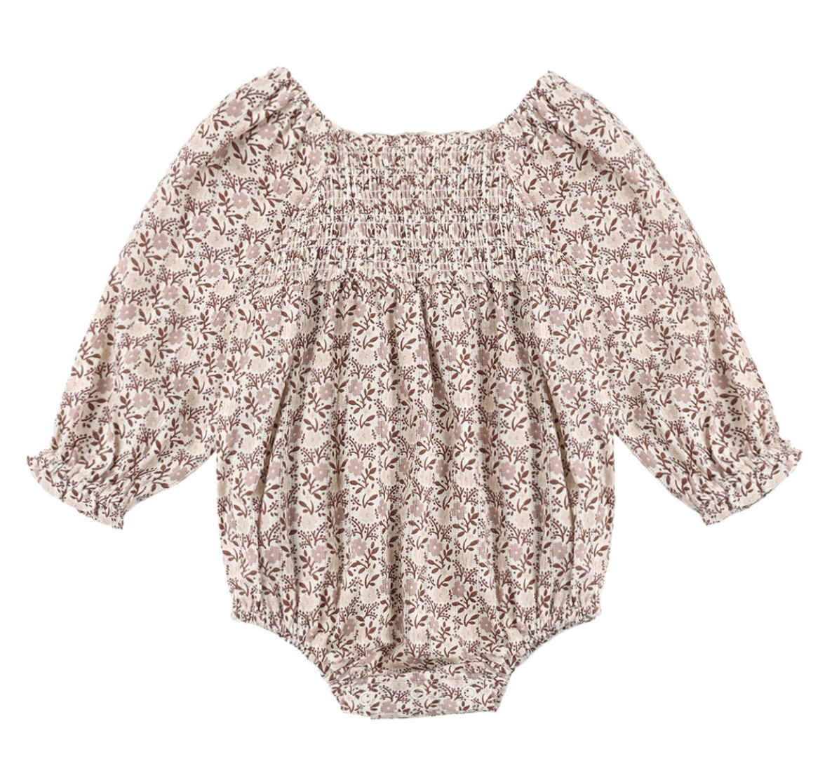The Baby Girls’ Adelaide Romper by Rylee & Cru features long sleeves, a floral print, smocked detailing on the chest, and ruffled cuffs and neckline, displayed flat against a white background.