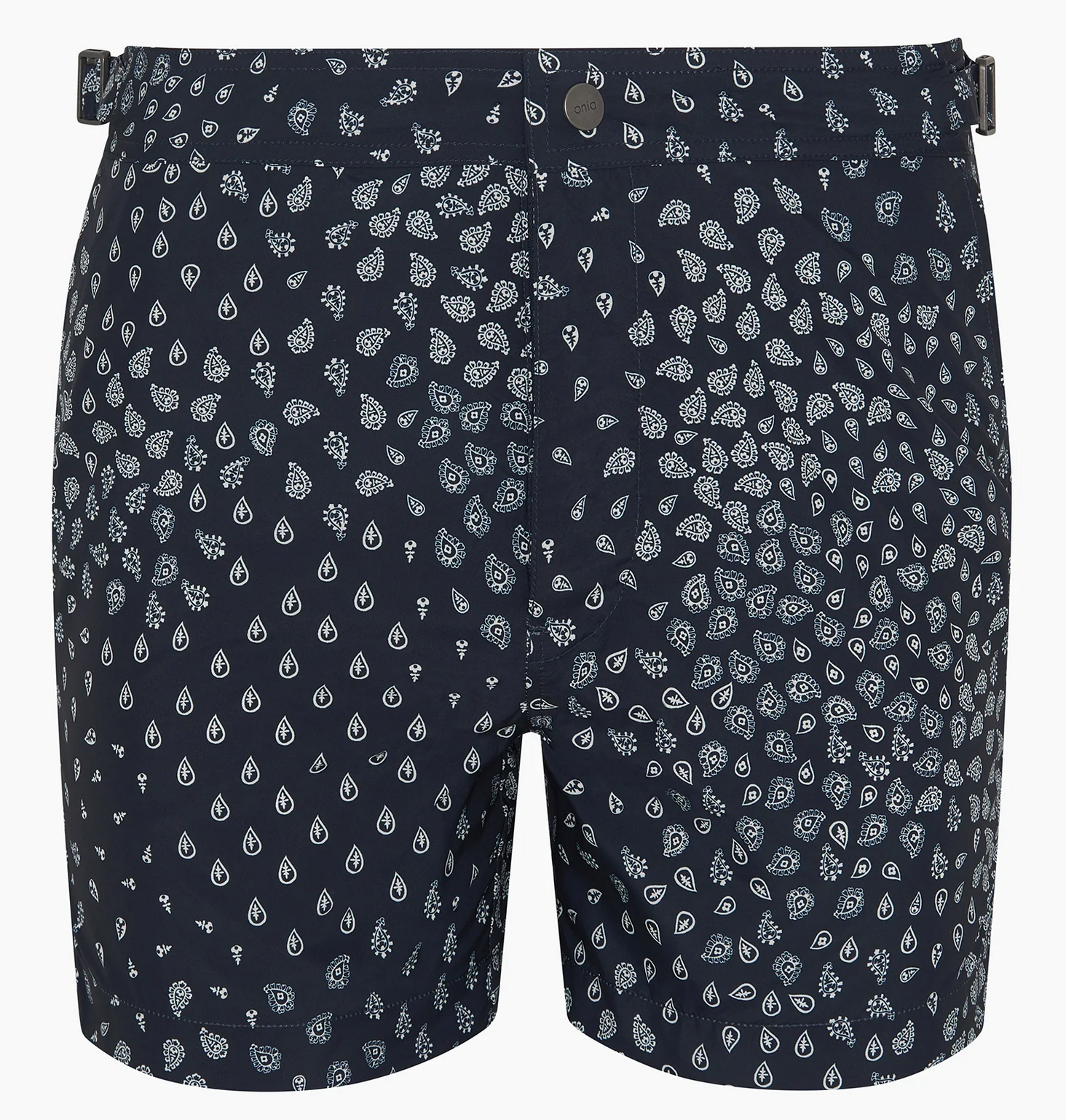 The Onia Calder Buckle 5" Swim Trunk for men in navy blue features quick-drying fabric, an adjustable waistband, and a white geometric drop pattern.