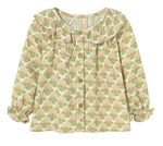 Cozmo Baby Girls’ Iris Printed Blouse features long sleeves, a ruffled collar, button front, and a charming green and pink floral design on a light background.