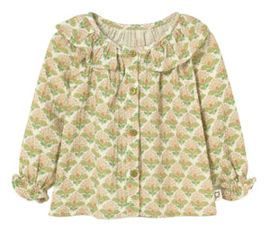 Cozmo Baby Girls’ Iris Printed Blouse features long sleeves, a ruffled collar, button front, and a charming green and pink floral design on a light background.