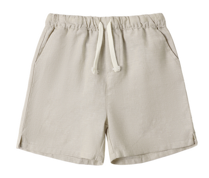 Rylee & Cru Baby Boys' and Boys' Perry Short in beige features an elastic waistband, drawstring, and side pockets for a vintage look, shown flat on a white background.