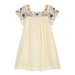 The Girls' Daya Dress by Louise Misha is a cream cotton gauze dress with short sleeves, adorned with colorful embroidered floral details on the neckline and shoulders.