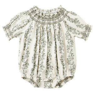 The Rylee & Cru Baby Girls' Ada Romper features short sleeves, a green floral print, a smocked neckline, and elastic leg openings for a cute and comfy style.