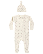 Quincy Mae Baby Waffle Sleep Set featuring an off-white waffle-knit zippered sleeper and matching knotted hat, both with a small floral print.