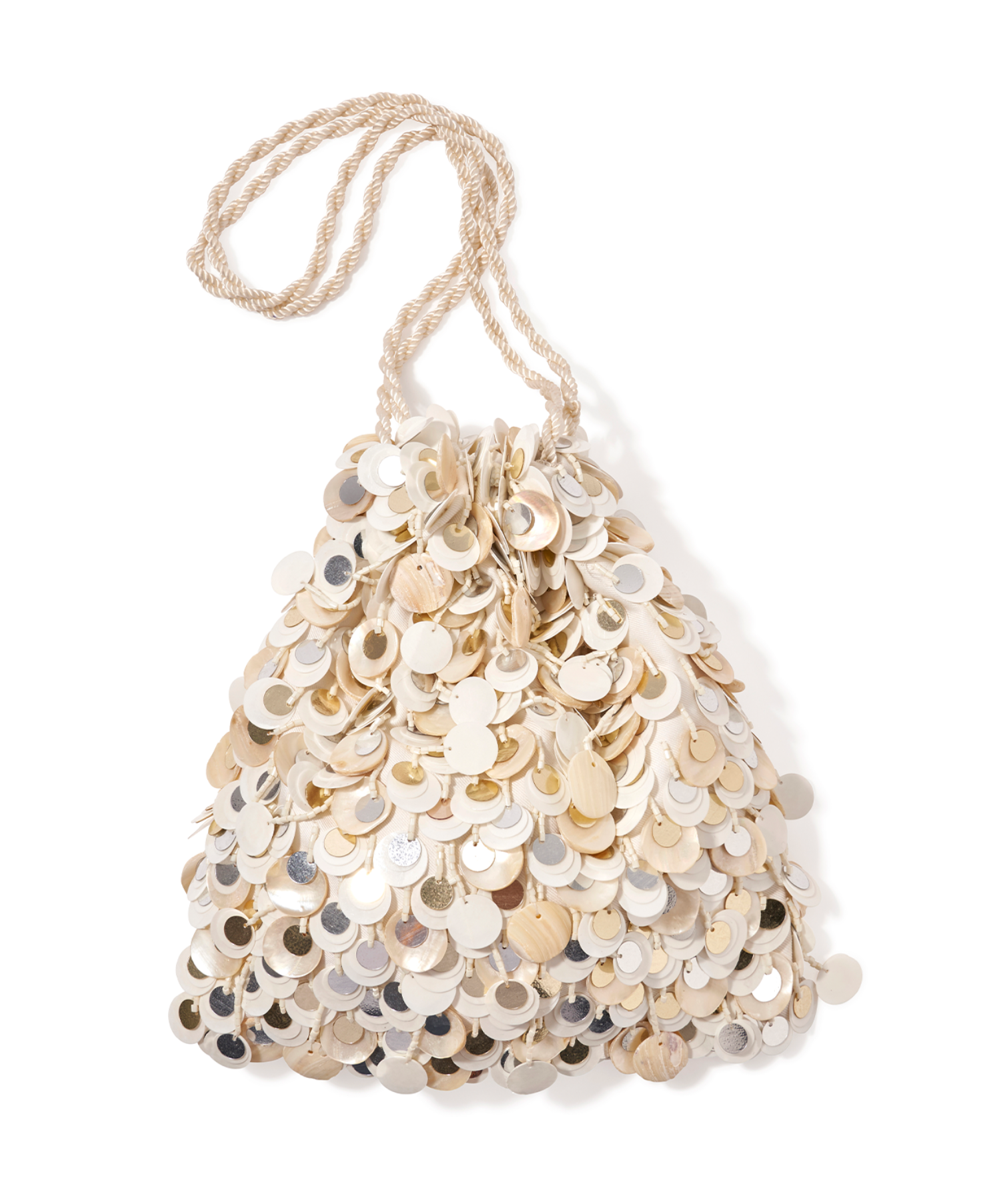 The Lizzie Fortunato Gala Bag is a beige evening accessory with a rope handle and shimmering sequins, making it the perfect silk wristlet for special occasions.