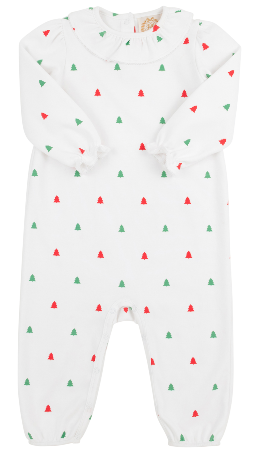 The Beaufort Bonnet Company Baby Girls' Ramona Ruffle Romper features long sleeves, a ruffled collar, snap leg closures, and a festive pattern of small red and green Christmas trees—perfect for holiday charm.