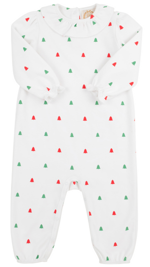 The Beaufort Bonnet Company Baby Girls' Ramona Ruffle Romper features long sleeves, a ruffled collar, snap leg closures, and a festive pattern of small red and green Christmas trees—perfect for holiday charm.