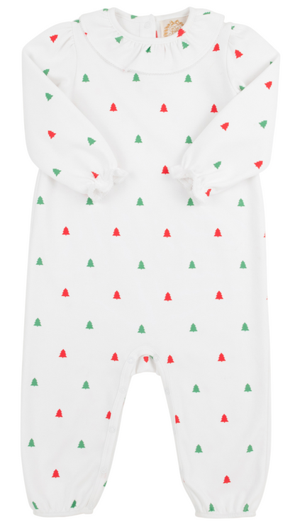 The Beaufort Bonnet Company Baby Girls' Ramona Ruffle Romper features long sleeves, a ruffled collar, snap leg closures, and a festive pattern of small red and green Christmas trees—perfect for holiday charm.