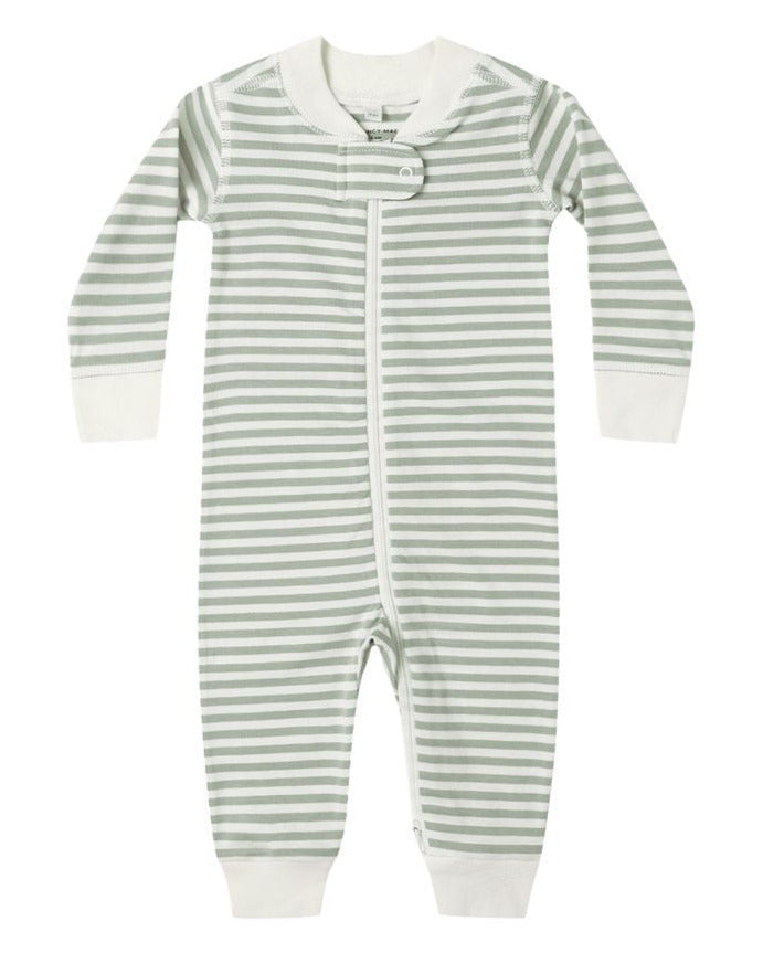 The Quincy Mae Baby Long Sleeve Zip Sleeper features green and white stripes, white cuffs, and an asymmetrical double zipper for easy nighttime changes—ideal as an organic zip sleeper.