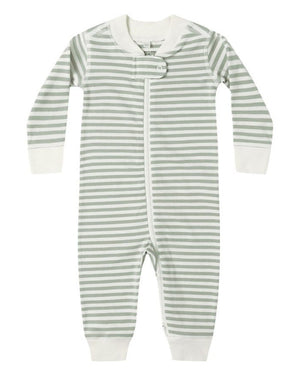 The Quincy Mae Baby Long Sleeve Zip Sleeper features green and white stripes, white cuffs, and an asymmetrical double zipper for easy nighttime changes—ideal as an organic zip sleeper.