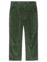 The Boys’ Corduroy Pleat Pants by Serendipity, crafted from GOTS certified organic cotton in green corduroy, feature an elastic waistband, a front button, and two side pockets. The pants are displayed against a white background.