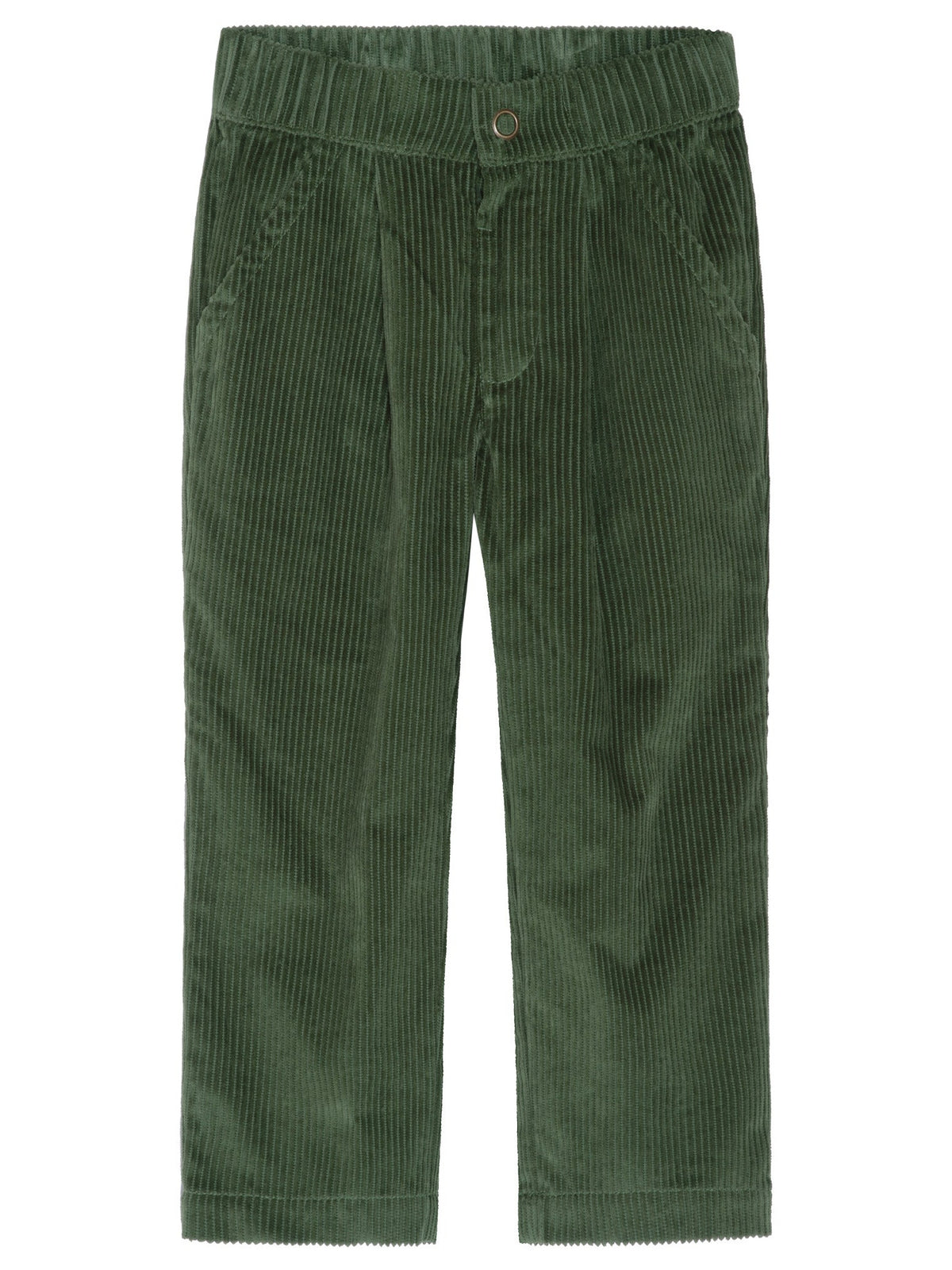 The Boys’ Corduroy Pleat Pants by Serendipity, crafted from GOTS certified organic cotton in green corduroy, feature an elastic waistband, a front button, and two side pockets. The pants are displayed against a white background.