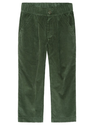 The Boys’ Corduroy Pleat Pants by Serendipity, crafted from GOTS certified organic cotton in green corduroy, feature an elastic waistband, a front button, and two side pockets. The pants are displayed against a white background.