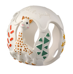 The Sophie la Girafe Sensory Teething Ball by Sophie la Girafe is a white spherical baby toy made from natural rubber, featuring a giraffe and colorful geometric cutouts in orange, green, and yellow for tactile stimulation and comfort.