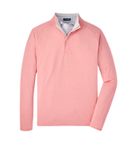 The Peter Millar Stealth Performance Quarter Zip is a pink long-sleeve pullover with a quarter-zip, striped inner collar, moisture-wicking comfort, and UPF 50+ protection for sunny days.