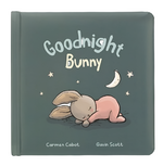 A charming bedtime story titled "Jellycat Goodnight Bunny Book" by Carmen Cabot and Gavin Scott, featuring a sleeping bunny illustration on the cover with a moon and stars in the background.