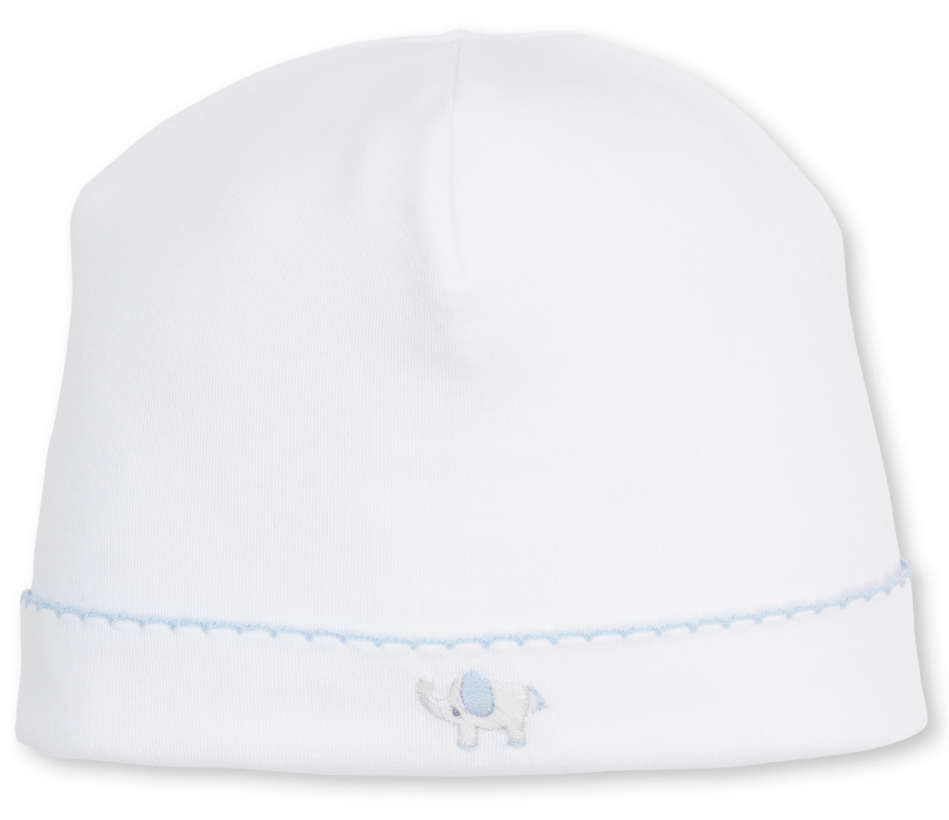 The Kissy Kissy Baby SCE Jungle Hang Out Hat is crafted from soft Peruvian cotton, featuring a light blue trim and a small hand-embroidered elephant near the bottom edge.