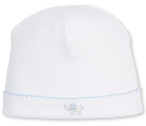 The Kissy Kissy Baby SCE Jungle Hang Out Hat is crafted from soft Peruvian cotton, featuring a light blue trim and a small hand-embroidered elephant near the bottom edge.