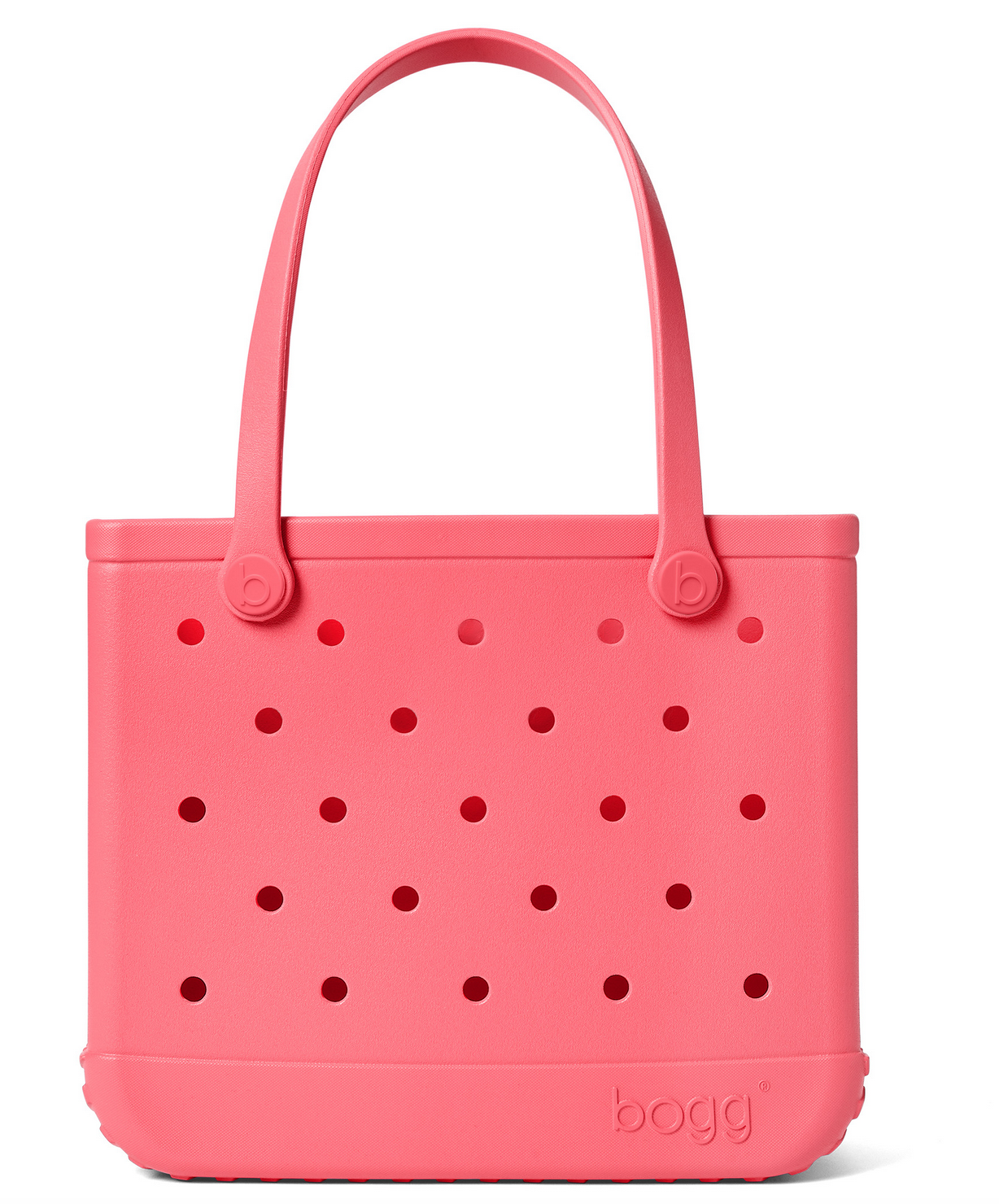 The Baby Bogg® Bag by Bogg Bags is a pink tote featuring two handles and evenly spaced holes along its sides for a blend of style and functionality. With the brand name “Bogg” embossed on the lower right corner, this customizable bag is both washable and durable, making it ideal for everyday adventures.