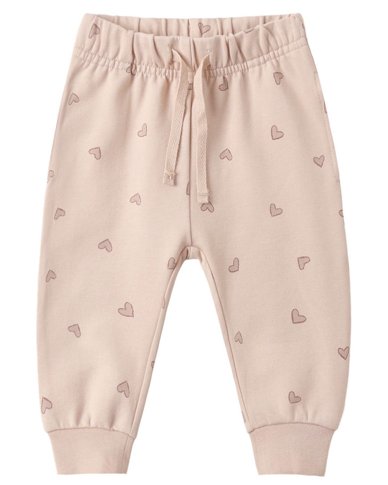 Quincy Mae Girls’ Relaxed Sweatpant in light beige features a drawstring waist, ribbed cuffs, and an all-over pattern of small outlined hearts—perfectly designed for all-day comfort.