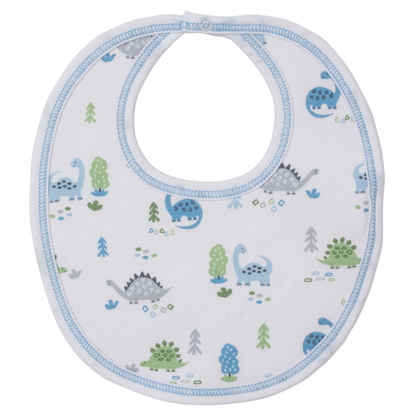 The Kissy Kissy Dinosaur Era Bib is a soft white Pima cotton baby boy bib with blue trim, decorated with cute blue and green cartoon dinosaurs and small trees.