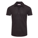 The Orlebar Brown Sebastian Linen Polo is a tailored-fit men’s shirt in plain black, featuring short sleeves, a collar, and a three-button placket, shown against a white background.
