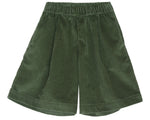 A Girls’ Corduroy Culotte Skirt by Serendipity, featuring an elastic waistband and wide legs, crafted from soft organic cotton in a green hue and displayed flat on a white background.