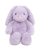Heather Bunny by Mon Ami features plush lavender faux fur, floppy ears, a pink nose, and black eyes, and sits upright on a white background.