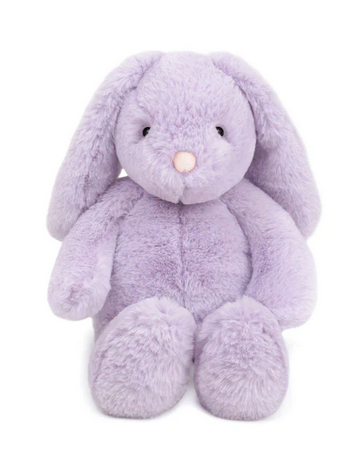Heather Bunny by Mon Ami features plush lavender faux fur, floppy ears, a pink nose, and black eyes, and sits upright on a white background.