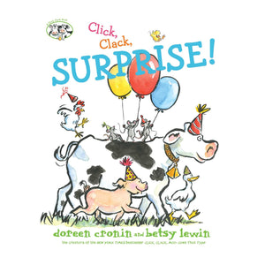 The illustrated cover of "Click Clack Surprise!" by Simon & Schuster features Little Duck and barnyard friends wearing party hats and carrying balloons, making it an ideal first birthday book.