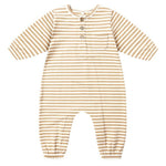 The Quincy Mae Baby Boys' Long Sleeve Pocket Jumpsuit features beige and white stripes, a button placket for easy changing, a front pocket, and elastic cuffs at the wrists and ankles.