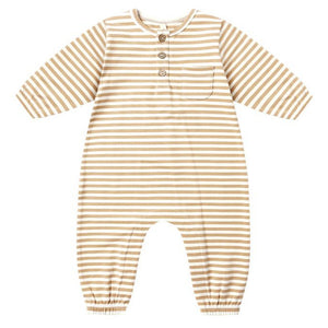 The Quincy Mae Baby Boys' Long Sleeve Pocket Jumpsuit features beige and white stripes, a button placket for easy changing, a front pocket, and elastic cuffs at the wrists and ankles.