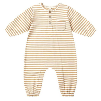 The Quincy Mae Baby Boys' Long Sleeve Pocket Jumpsuit features beige and white stripes, a button placket for easy changing, a front pocket, and elastic cuffs at the wrists and ankles.