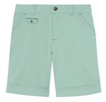 Introducing the Tartine et Chocolat Boys’ Cotton Short: knee-length shorts in light green, featuring cuffed hems, front pockets, belt loops, and a coin pocket with a button flap. Designed with a front button and zip closure and crafted from breathable cotton fabric, these shorts are perfect for active play.