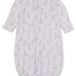The Kissy Kissy Baby Just Giraffes Printed Convertible Gown features a charming pink giraffe print on soft white Pima cotton, with long sleeves for added warmth. Designed for ultimate baby comfort, this versatile gown includes a simple front closure and elasticized bottom hem, making diaper changes easy while keeping your little one snug.