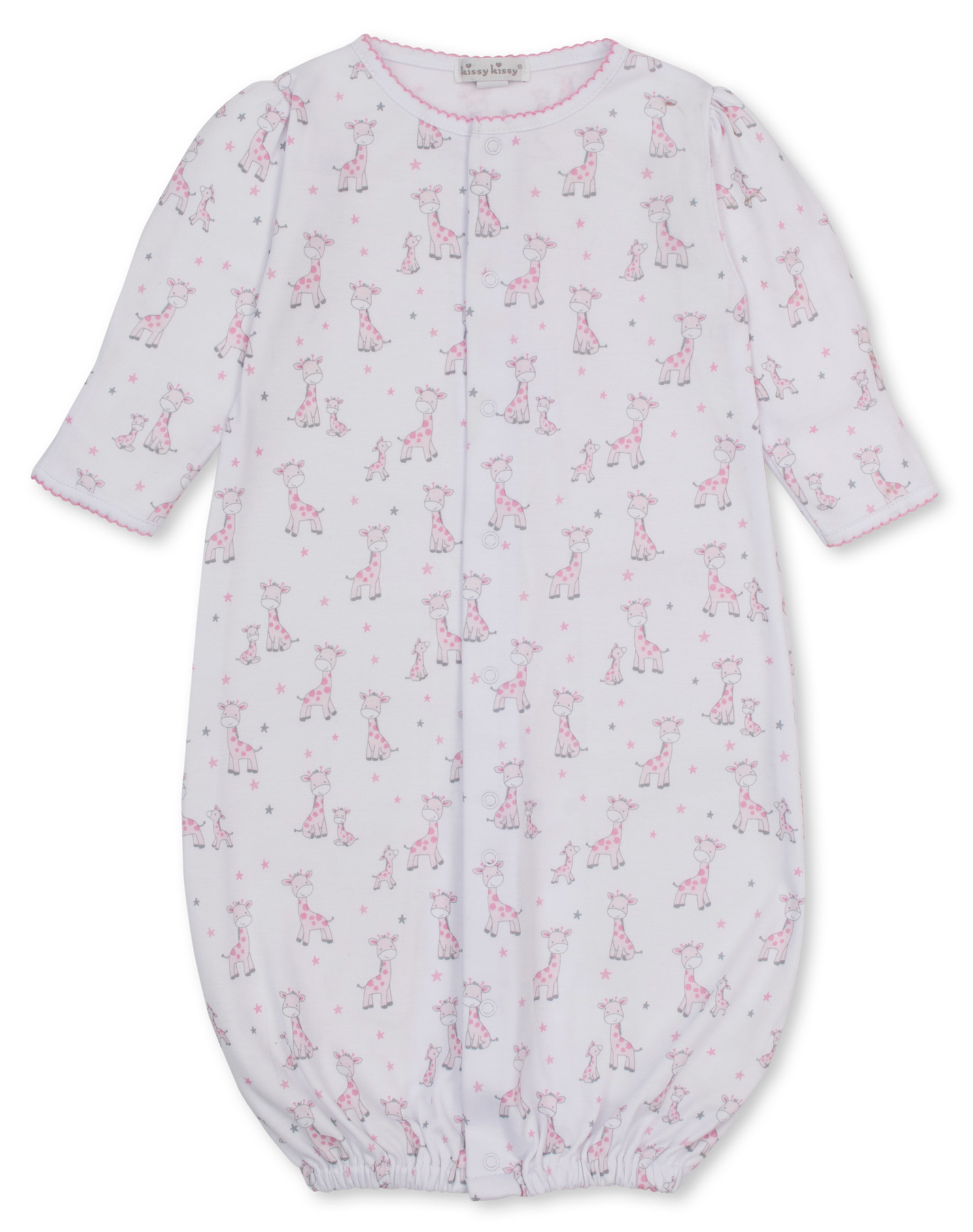 The Kissy Kissy Baby Just Giraffes Printed Convertible Gown features a charming pink giraffe print on soft white Pima cotton, with long sleeves for added warmth. Designed for ultimate baby comfort, this versatile gown includes a simple front closure and elasticized bottom hem, making diaper changes easy while keeping your little one snug.