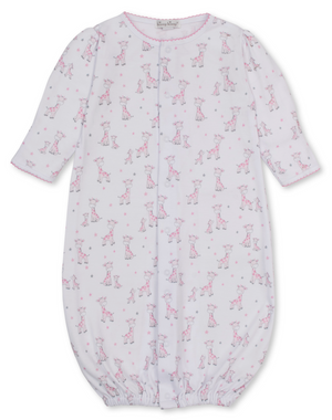 The Kissy Kissy Baby Just Giraffes Printed Convertible Gown features a charming pink giraffe print on soft white Pima cotton, with long sleeves for added warmth. Designed for ultimate baby comfort, this versatile gown includes a simple front closure and elasticized bottom hem, making diaper changes easy while keeping your little one snug.