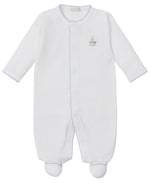 The Kissy Kissy Baby Premier Noah's Ark Footie with Hand Emb. is a white long-sleeve Pima cotton onesie with blue trim and hand-embroidered giraffe—ideal for fans of embroidered baby clothing.