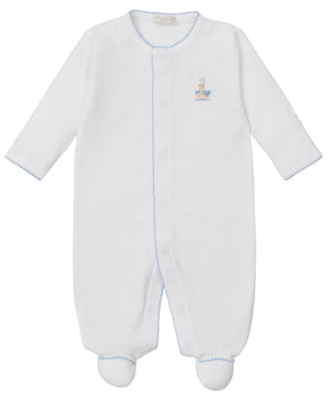 The Kissy Kissy Baby Premier Noah's Ark Footie with Hand Emb. is a white long-sleeve Pima cotton onesie with blue trim and hand-embroidered giraffe—ideal for fans of embroidered baby clothing.