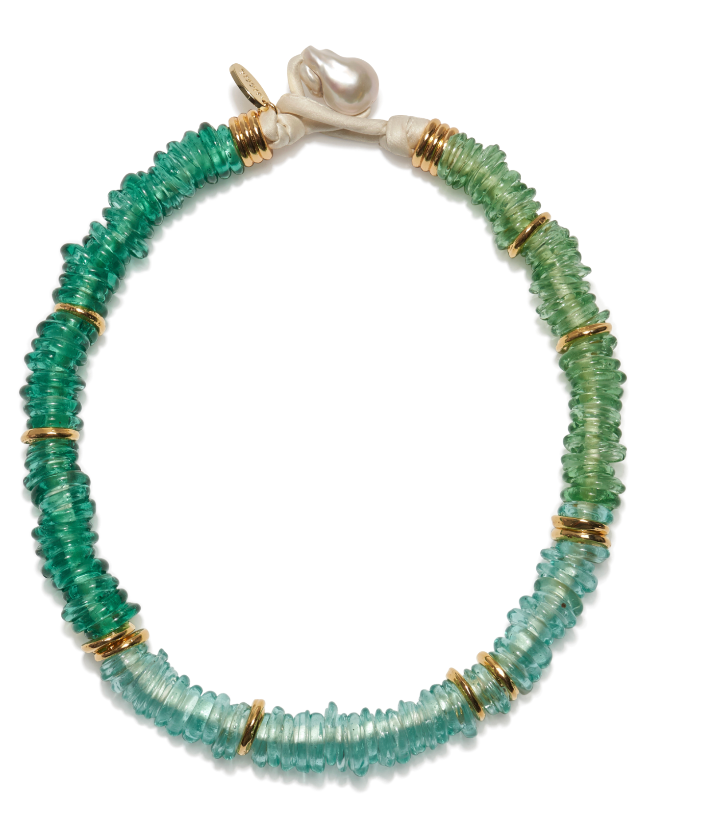 The Lita Necklace by Lizzie Fortunato features aqua and green recycled glass beads, gold spacer rings, and a freshwater pearl clasp.
