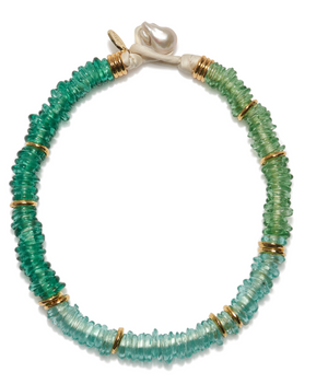 The Lita Necklace by Lizzie Fortunato features aqua and green recycled glass beads, gold spacer rings, and a freshwater pearl clasp.