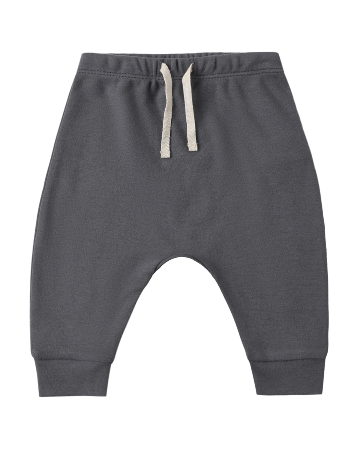 The Quincy Mae Baby and Kids’ Drawstring Pant in gray, crafted from organic brushed jersey with an elastic waistband, white drawstring, and ribbed ankle cuffs, is shown laid flat against a white background.